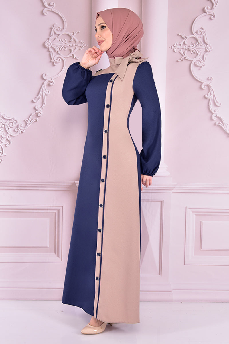 فستان مزين بأزرار (نيلي) ASM2460