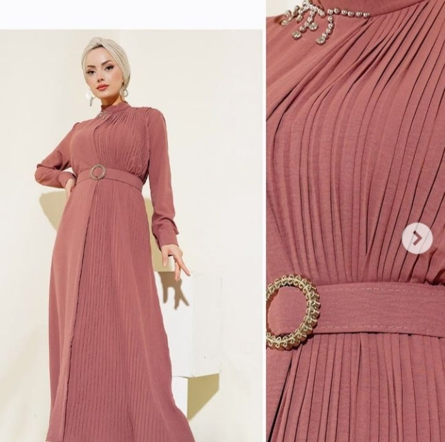 Designer dress with pleats and belt - pink 1369