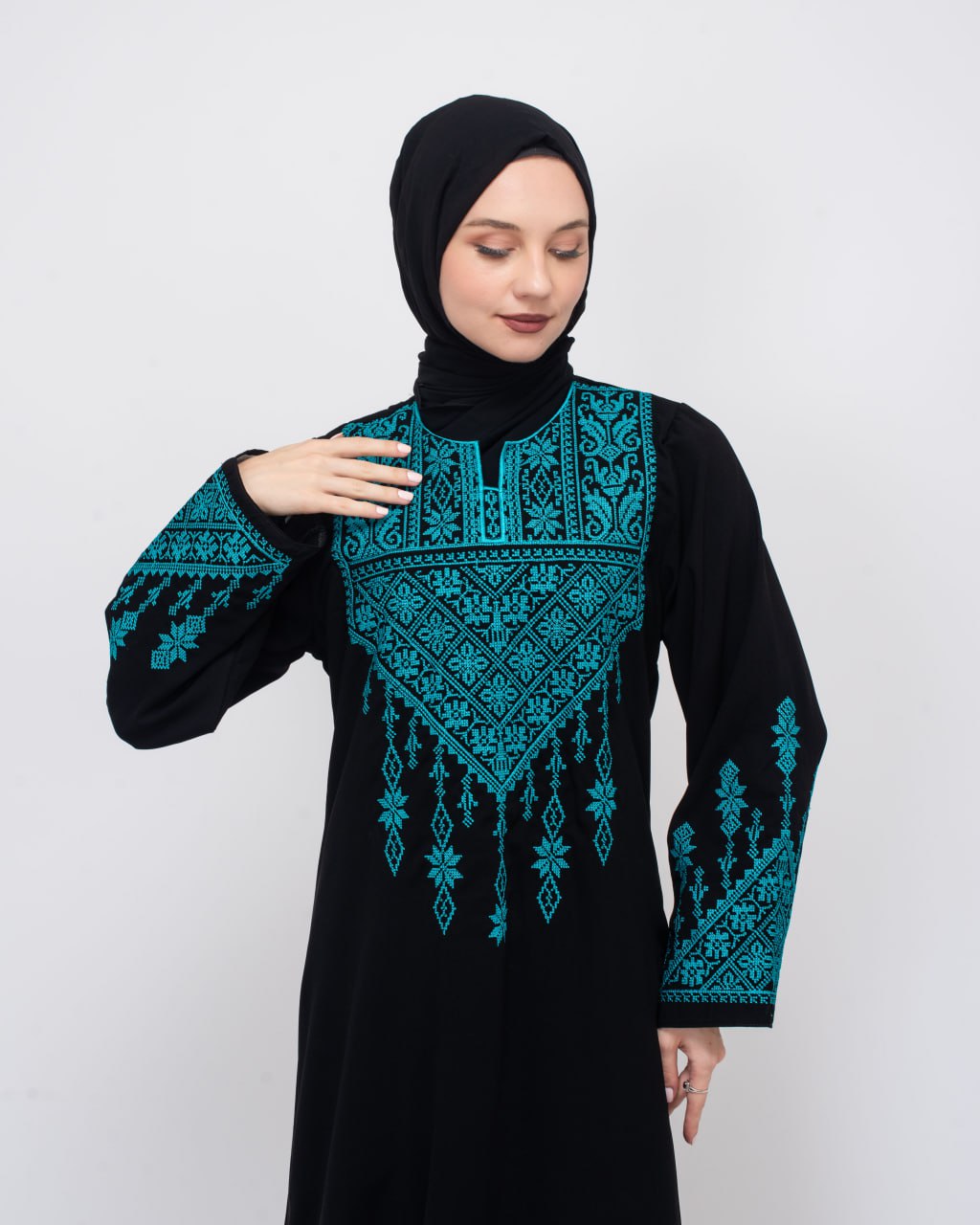 (Mavi) Filistin desenleriyle işlenmiş Safad elbisesi