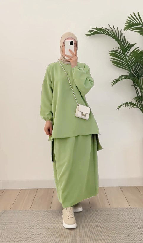 Hanan Tunic Set with Pleated Sleeves and Skirt (Green) 6001