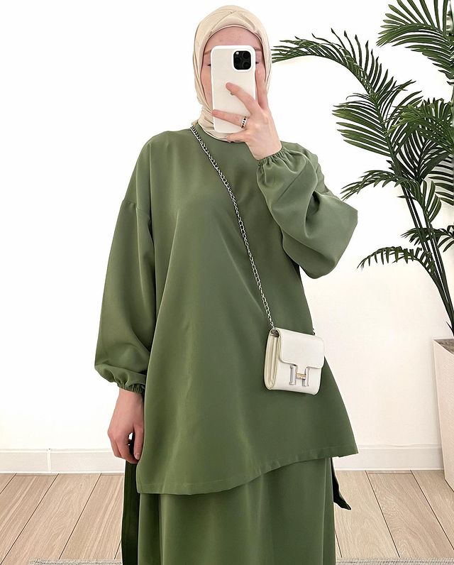 Hanan Tunic Set with Pleated Sleeves and Skirt (Olive) 6001