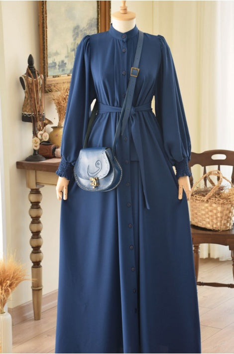 Classic Abaya with Buttons and Tie Waist (Navy Blue) 1390