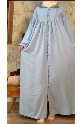 Hooded Abaya with Buttons and Pleated Sleeves (Sky Blue) 1003 