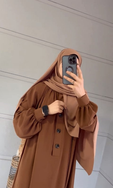 Aisha Abaya with Front Buttons and Zim Sleeves (Brown) 1527