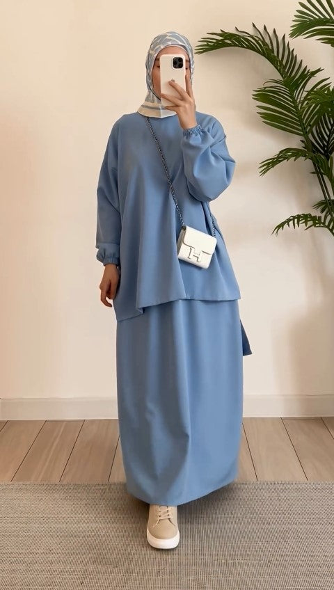 Hanan Tunic Set with Pleated Sleeves and Skirt (Light Blue) 6001