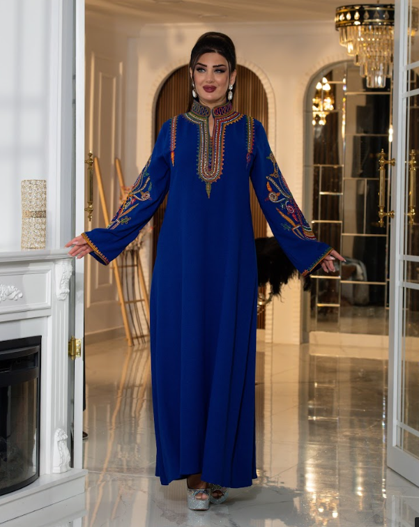 Asia Abaya decorated with embroidery on the chest and sleeves, color (Damascus blue)