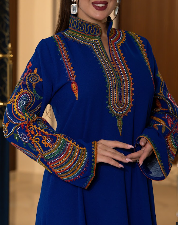 Asia Abaya decorated with embroidery on the chest and sleeves, color (Damascus blue)