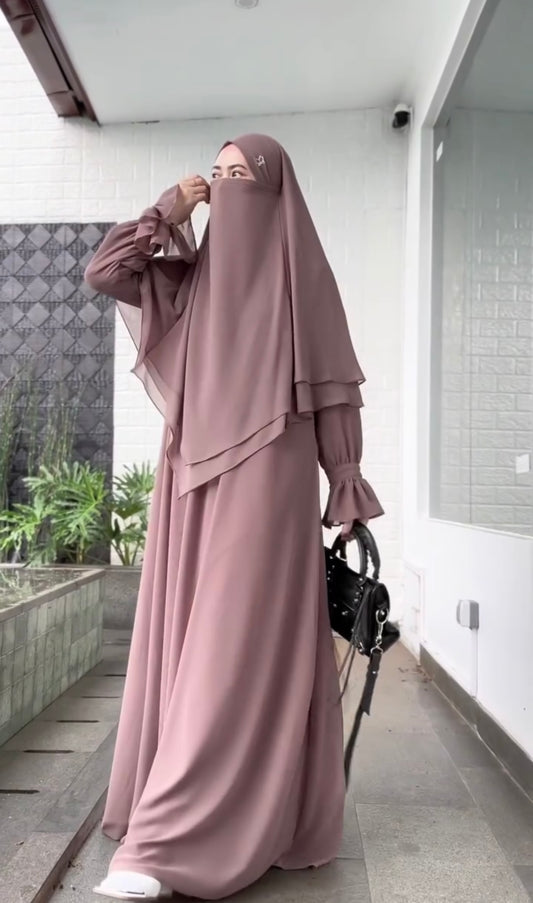 Asmaa Abaya Set with Two Layers Hijab (Pink) 4098