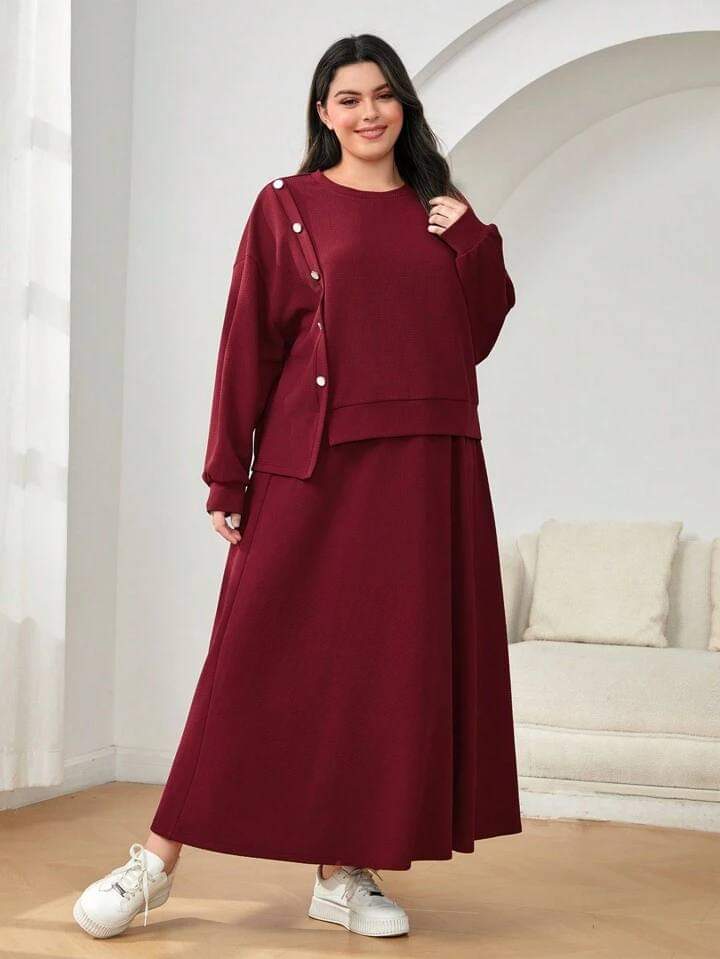 Button down blouse and skirt set (burgundy) T10072