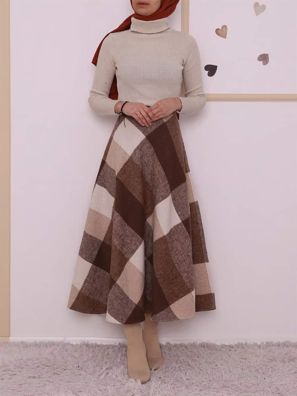 Checked midi wool skirt (brown) 3041