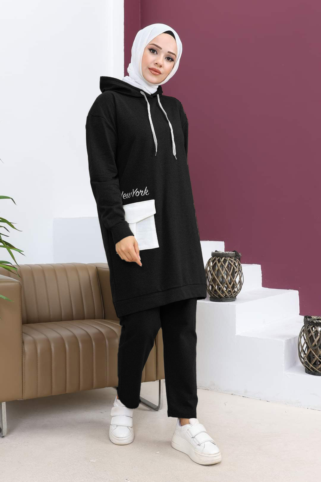 2 Piece Set Blouse with Hood and Pants (Black) 1499