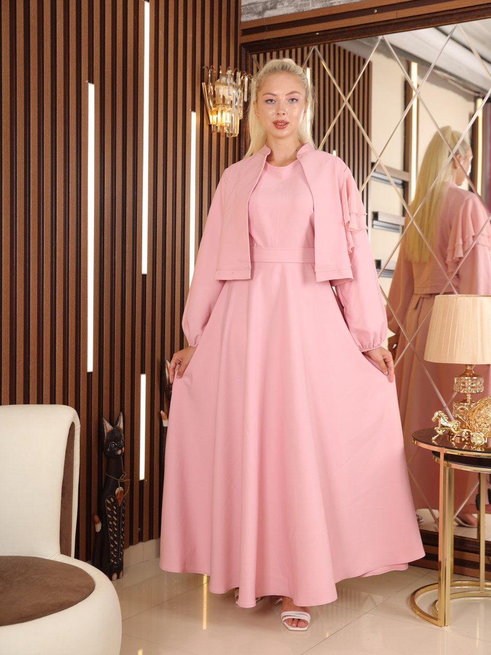 Natalie Set with Distinctive Design Dress and Balloon Sleeve Jacket (Pink) 1005