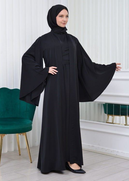 Wide Sleeves Shawl and Dress Set with Distinctive Design (Black) 1425