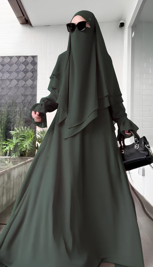 Asmaa Abaya Set with Two Layers Hijab (Olive) 4098