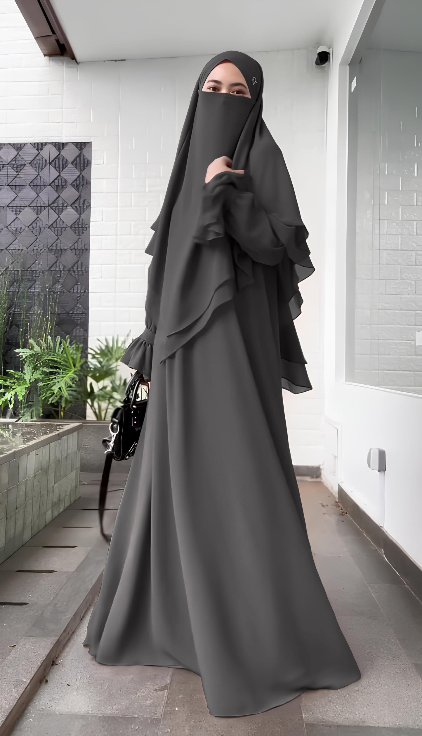 Asmaa Abaya Set with Two Layers Hijab (Grey) 4098