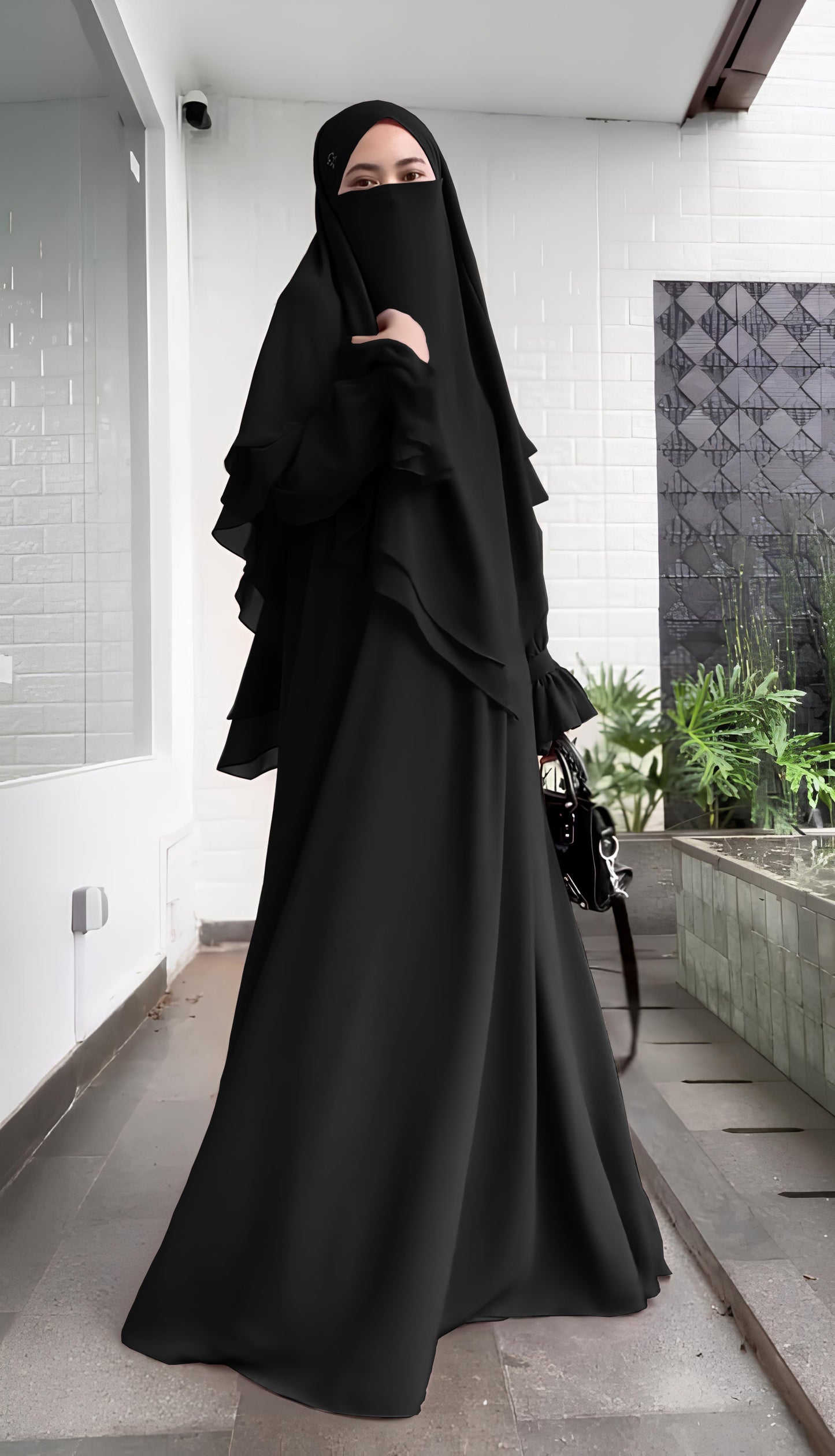 Asmaa Abaya Set with Two Layers Hijab (Black) 4098