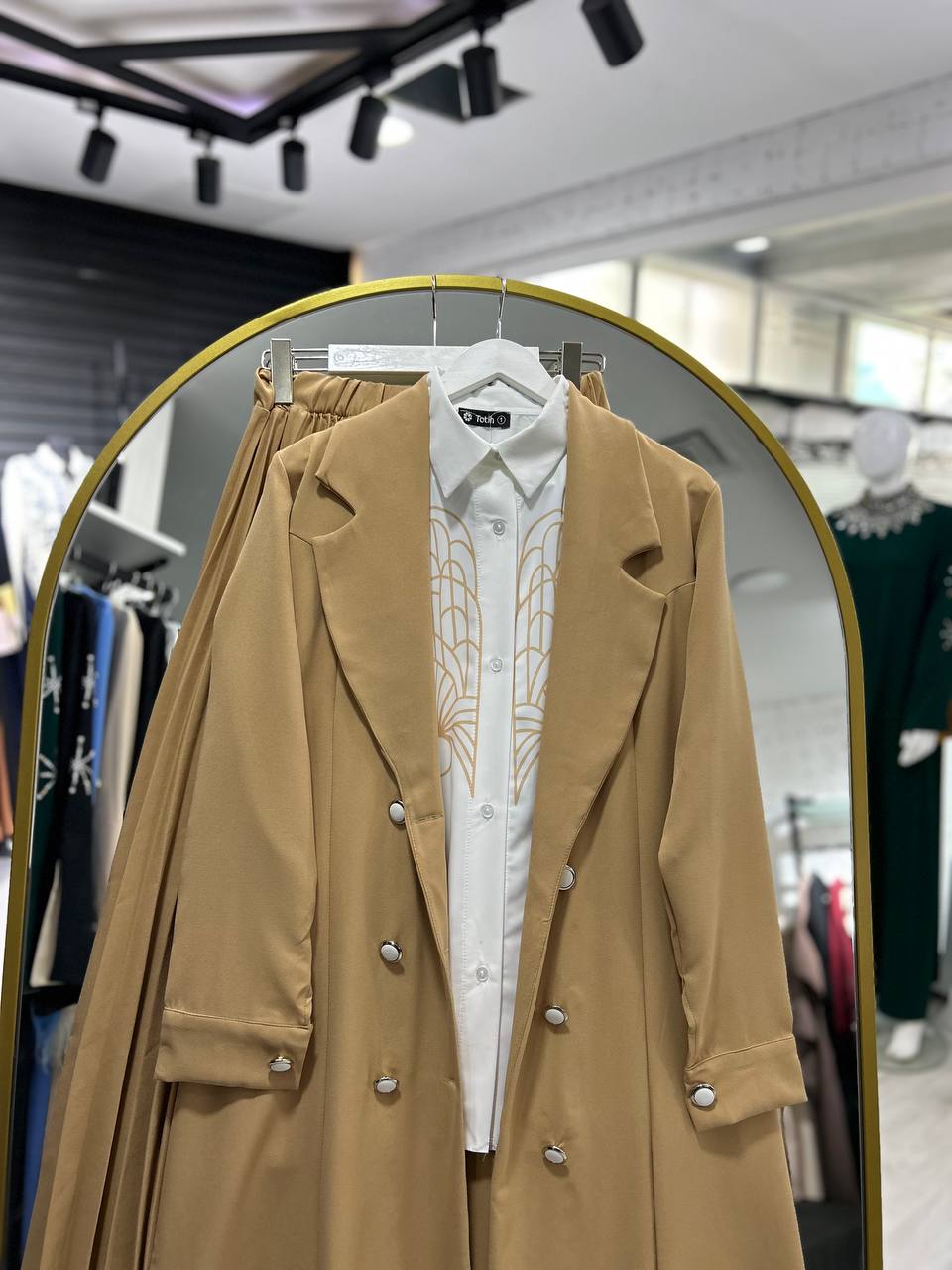 Ramia 3-piece set: skirt, jacket, and shirt, mocha color