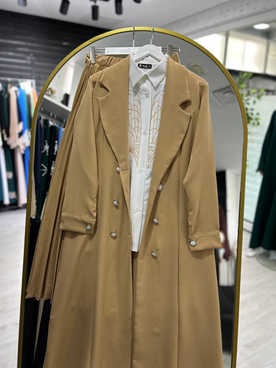 Ramia 3-piece set: skirt, jacket, and shirt, mocha color