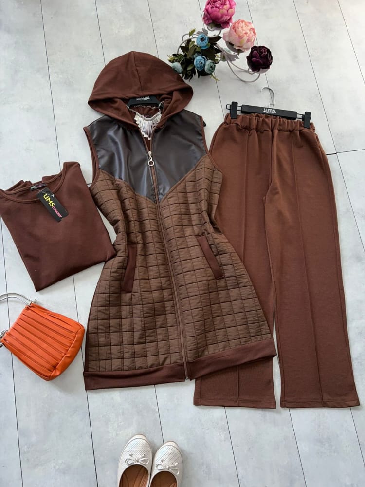 3 Piece Set Brown with Leather Model 2074-100